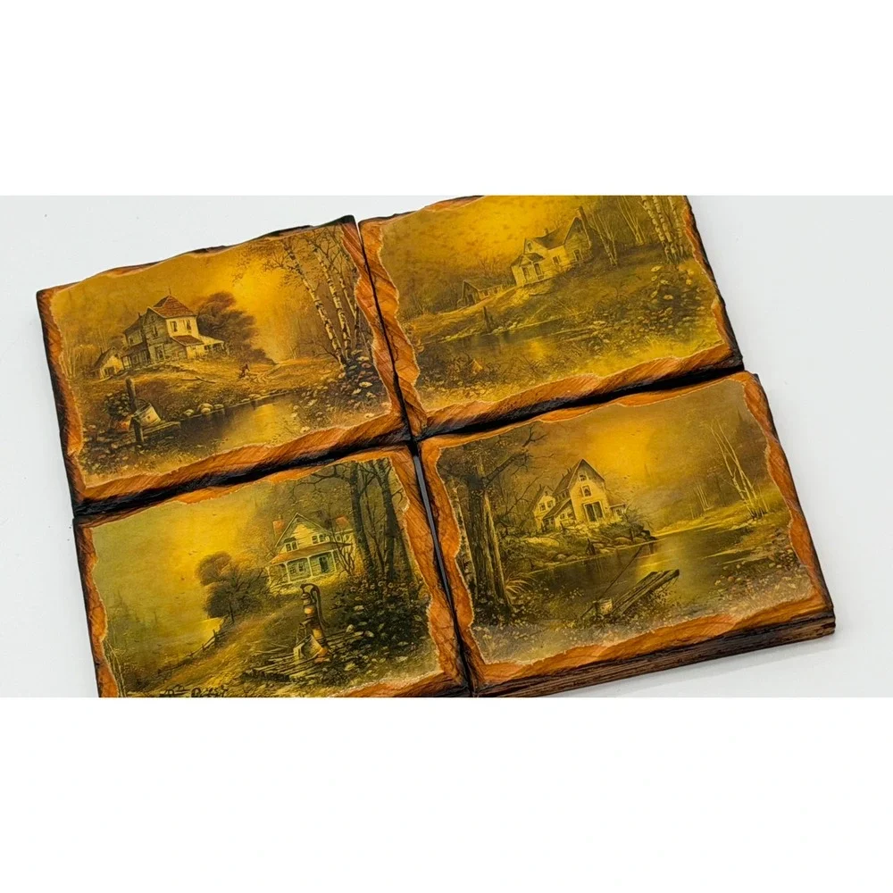 Vintage Rustic Wood Landscape Coaster Set of 4 Country‎ House Cabin Art Decor